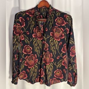 Ann Taylor dark floral blouse long sleeve V neck size small